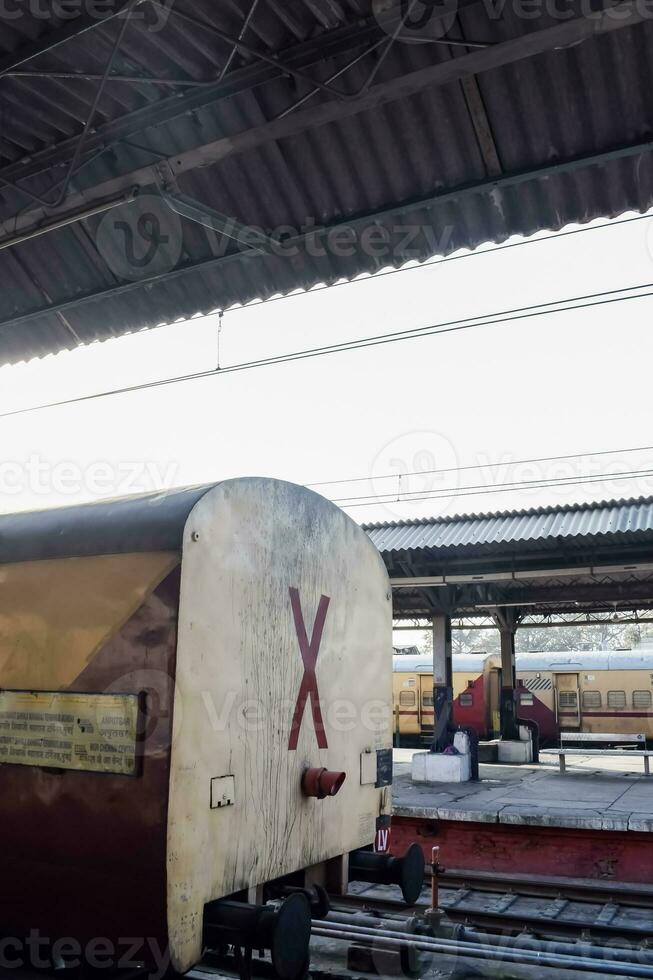 Indian railway train at Amritsar railway station platform during morning time, Colourful train at Amritsar, Punjab railway station photo