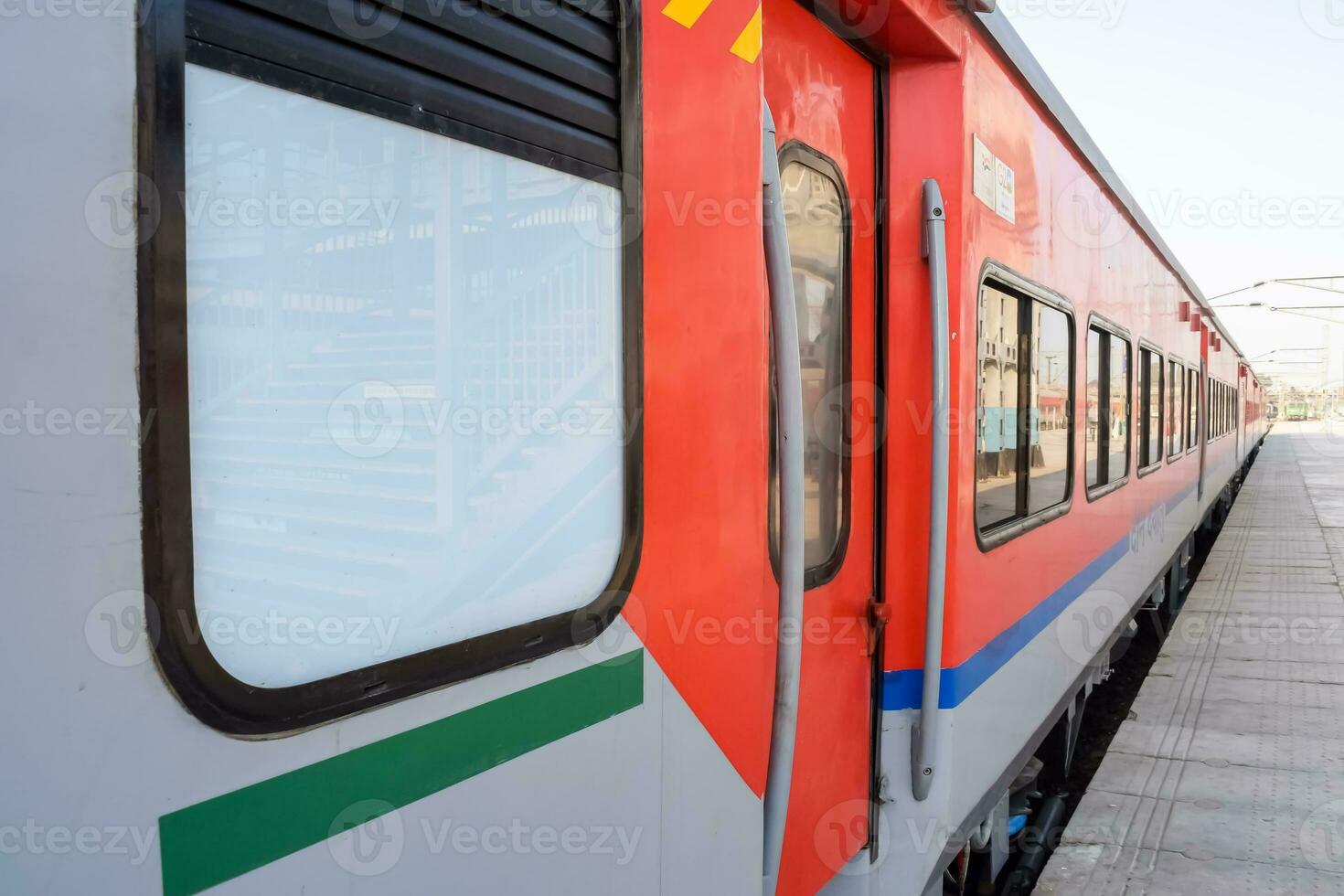 Indian railway train at Amritsar railway station platform during morning time, Colourful train at Amritsar, Punjab railway station photo