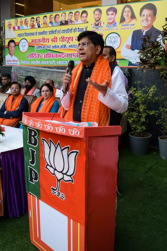 New Delhi, India - April 27 2022 - Piyush Goyal Cabinet Minister and core member of Bharatiya Janata Party - BJP during a rally in support of BJP candidate ahead of MCD local body Elections 2022 photo