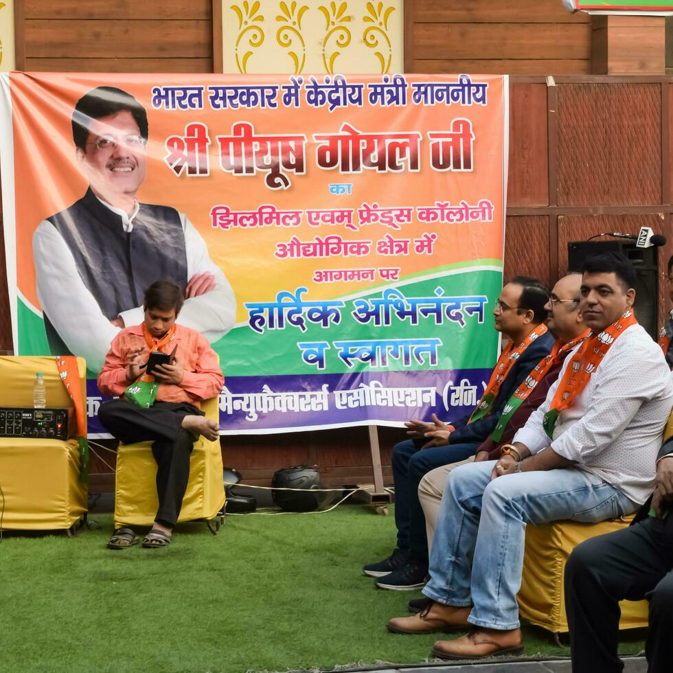 New Delhi, India - April 27 2022 - Piyush Goyal Cabinet Minister and core member of Bharatiya Janata Party - BJP during a rally in support of BJP candidate ahead of MCD local body Elections 2022 photo