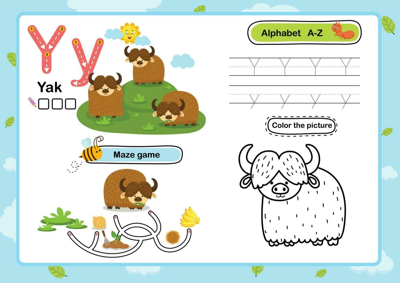Ejercicio de letra del alfabeto y-yak con ilustración de vocabulario de dibujos animados, vector