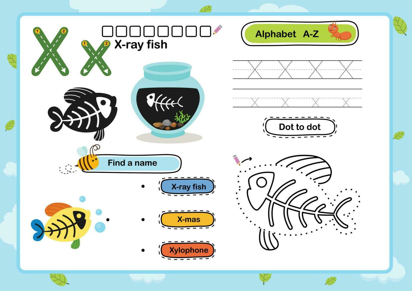 Alphabet Letter X-Xray fish  exercise with cartoon vocabulary illustration, vector