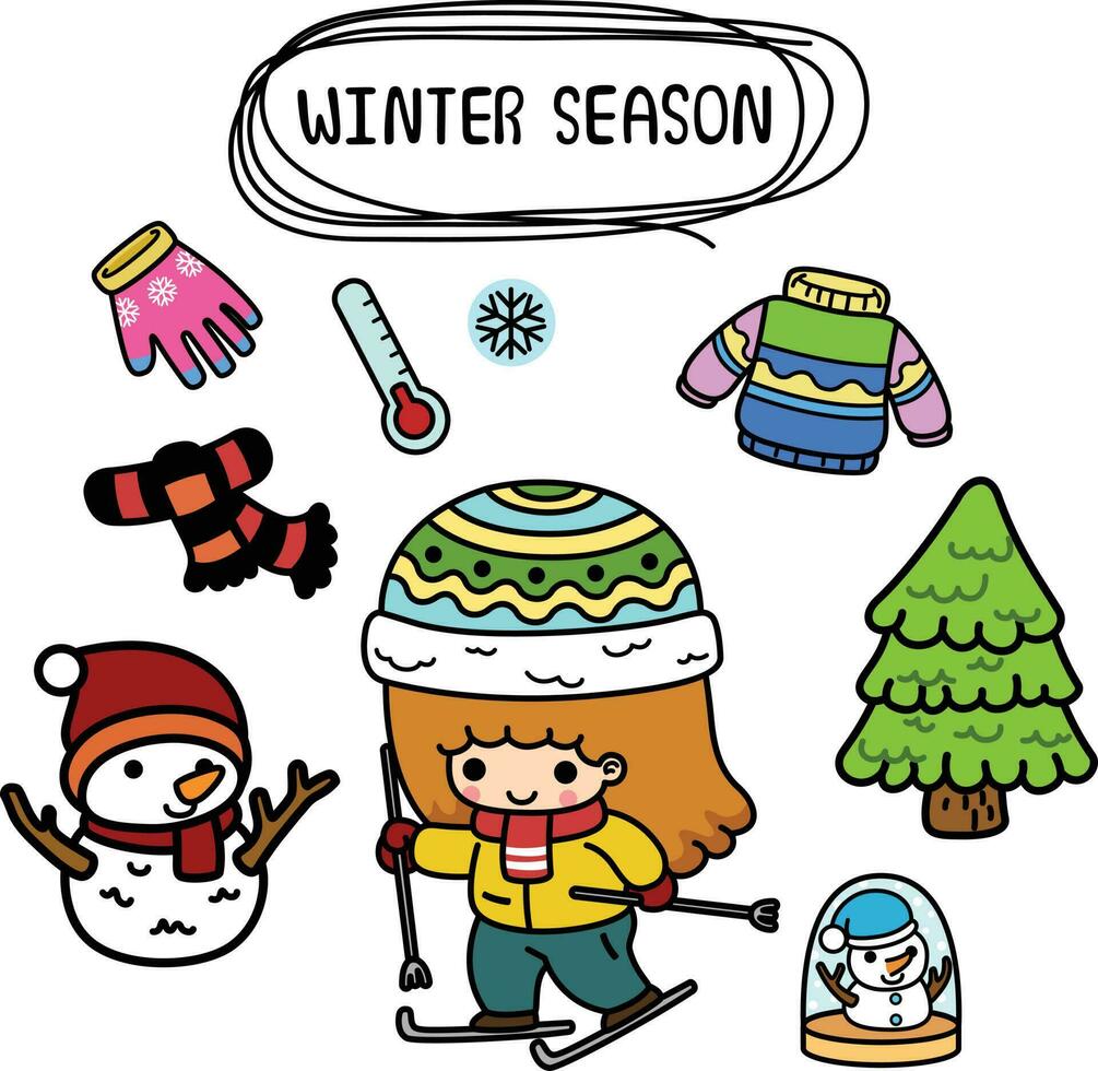 illustration isolated set cartoon winter season with kid girl vector
