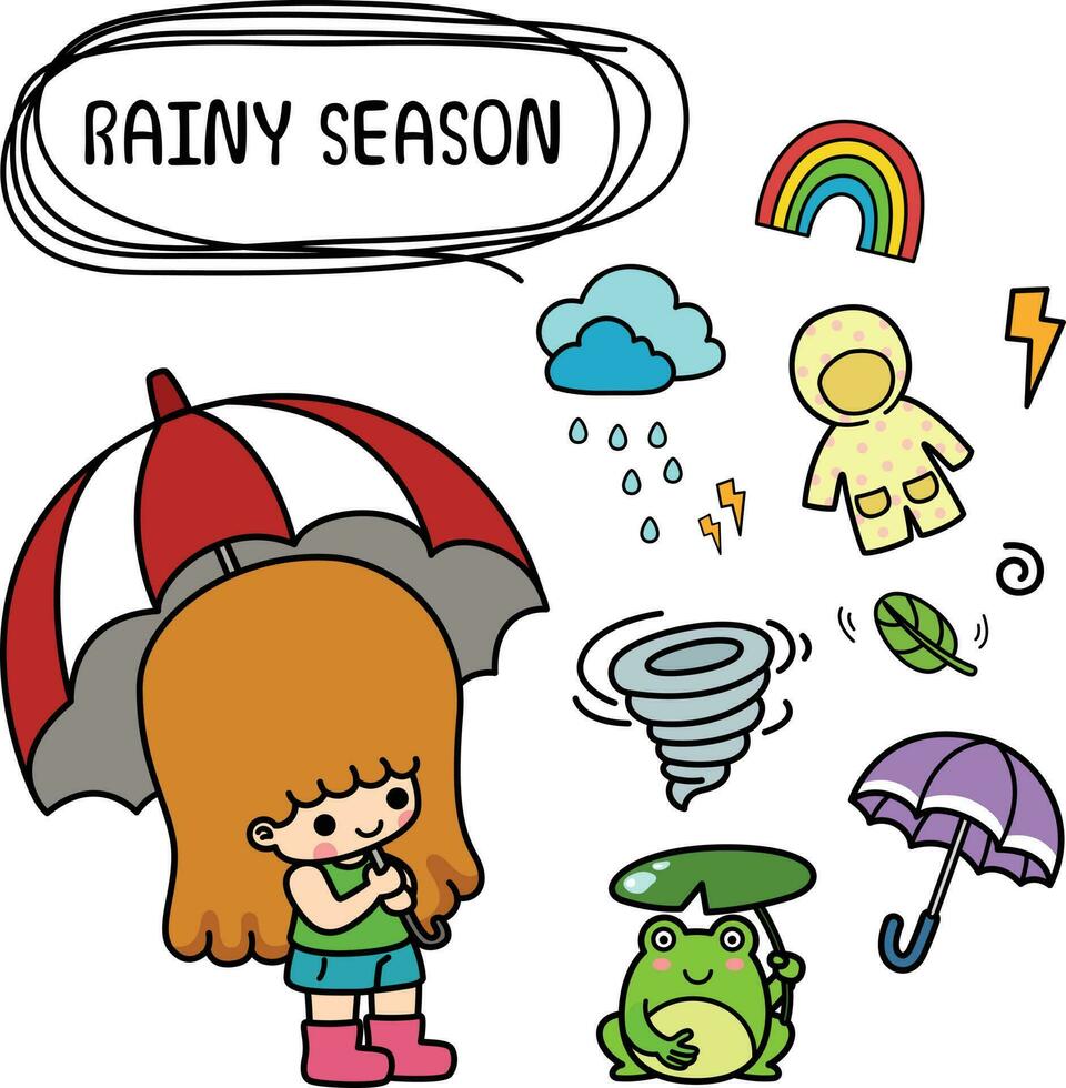 illustration isolated set cartoon rainy season with kid girl vector