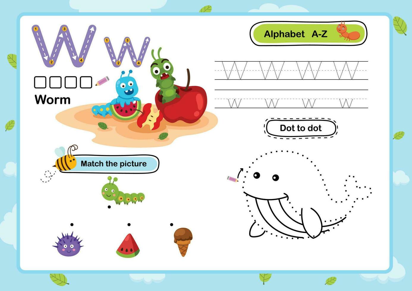 alfabeto letra w-gusano ejercicio con dibujos animados vocabulario ilustración, vector