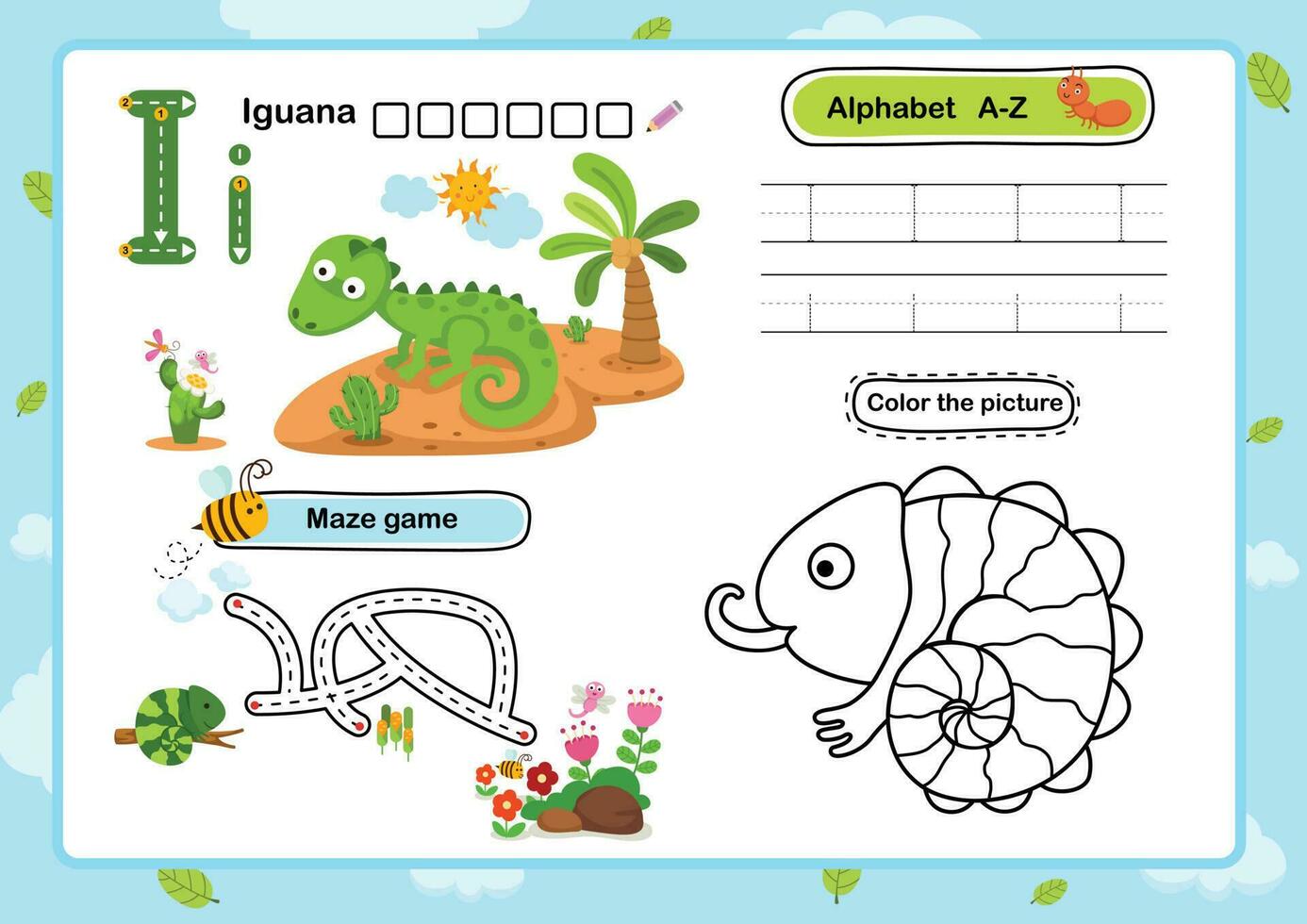 Alphabet Letter I-Iguana exercise with cartoon vocabulary illustration, vector