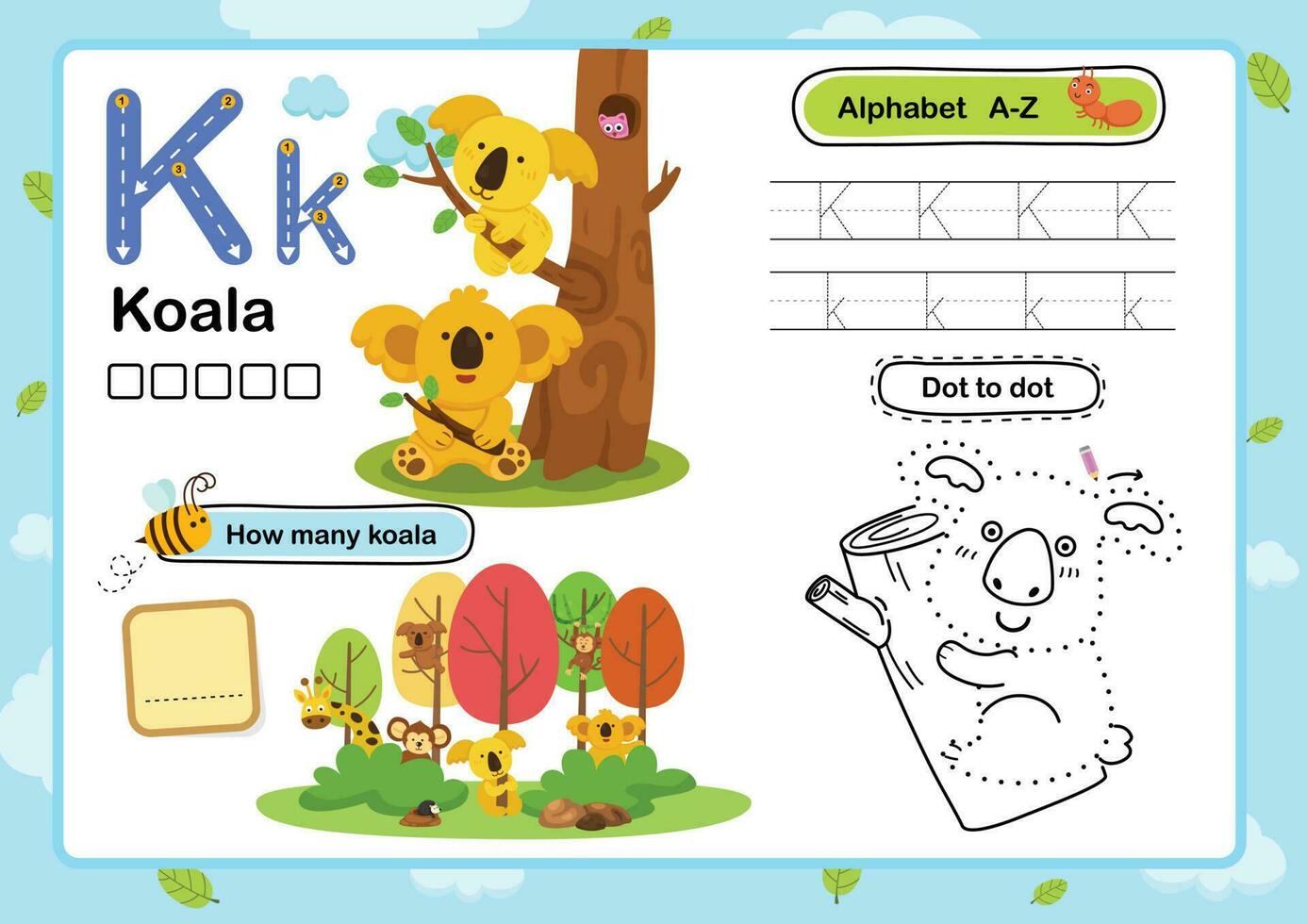 Alphabet Letter K-Koala exercise with cartoon vocabulary illustration, vector