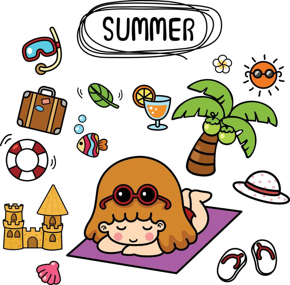 ilustración aislado conjunto dibujos animados verano con niño niña vector