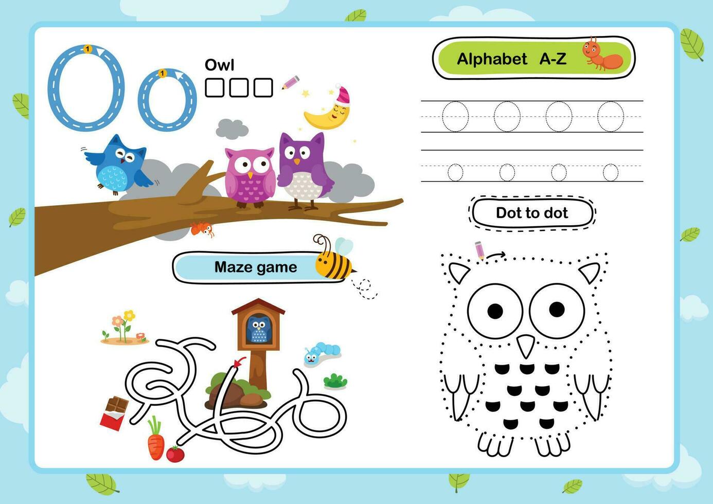 Alphabet Letter O-Owl exercise with cartoon vocabulary illustration, vector