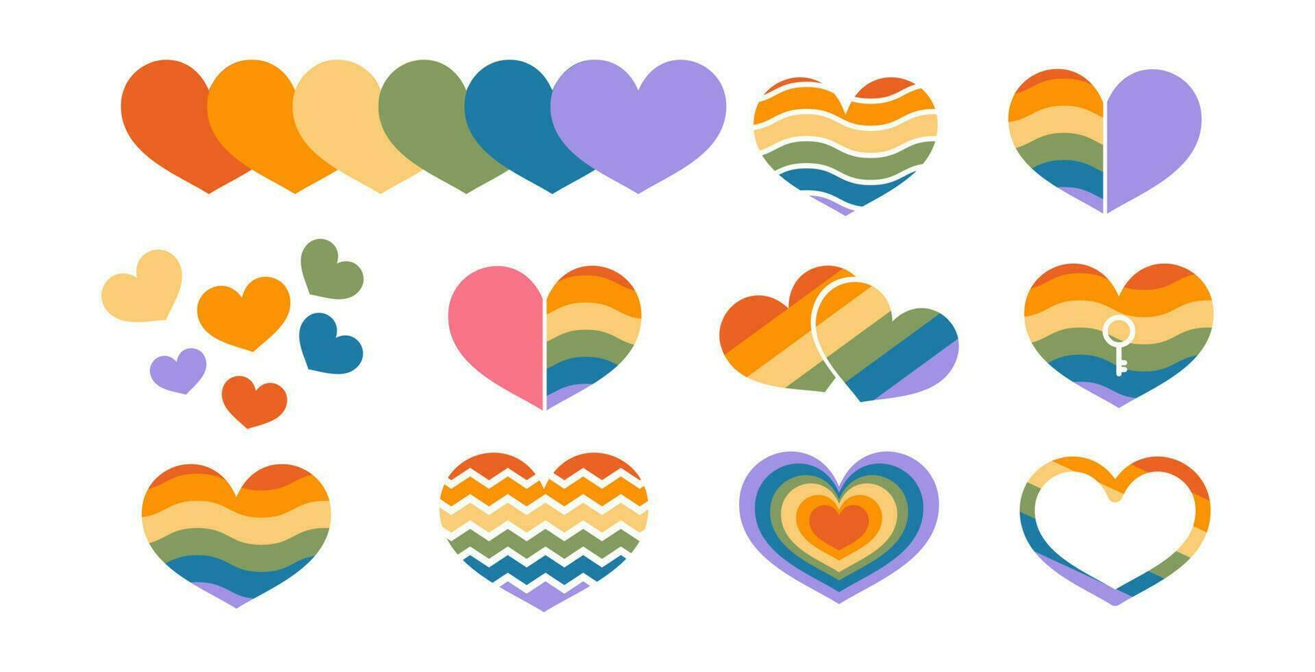 Heart shapes decorative element set for lgbt pride month. Colorful heart element set. Vector illustration