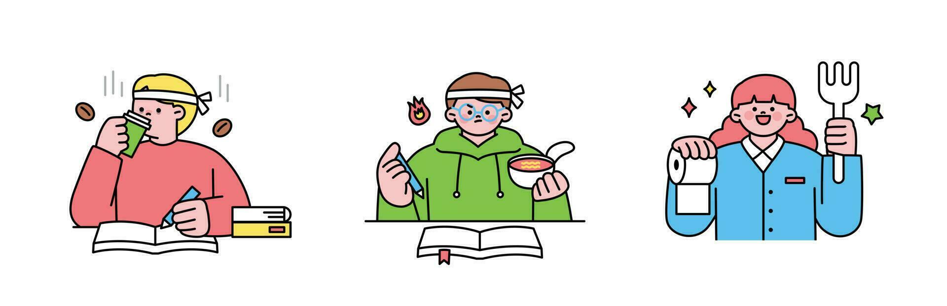 Education. Students studying hard and taking exams. Students drinking coffee and eating fast food while studying. Talisman for passing. vector