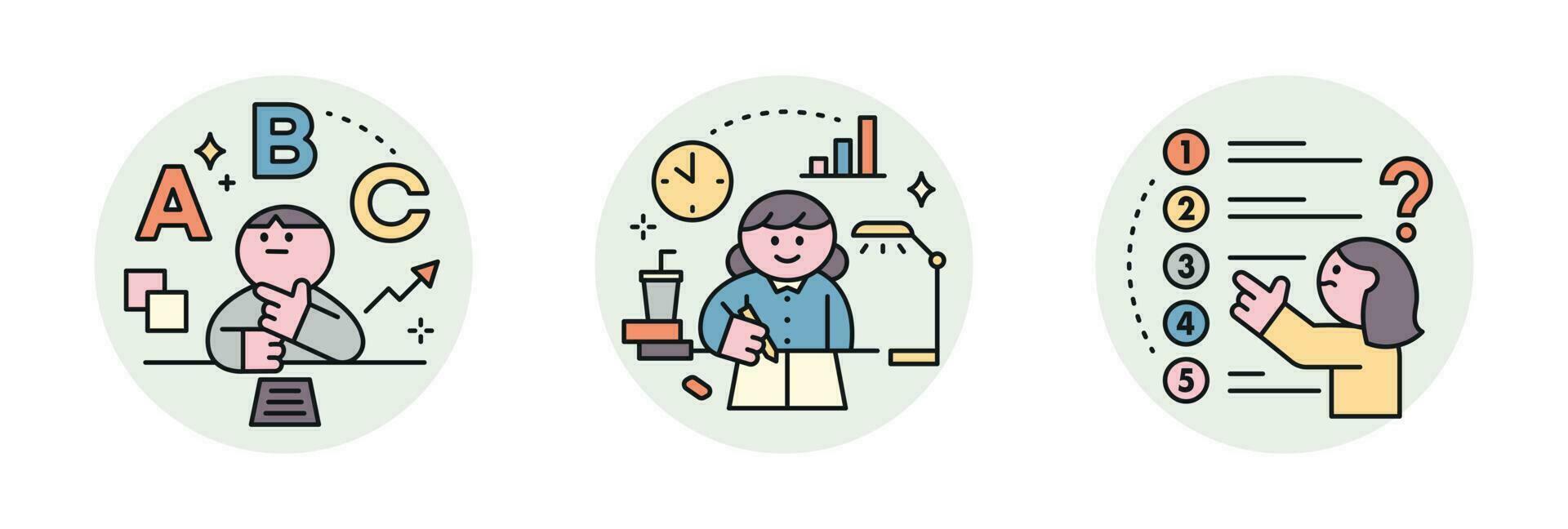 Education. Students studying hard and taking exams. Test question types, students who study late, choose 5 multiple questions. vector