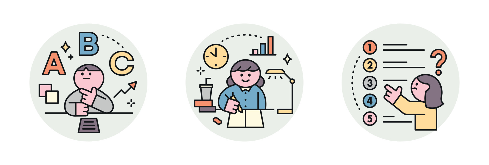 Education. Students studying hard and taking exams. Test question types