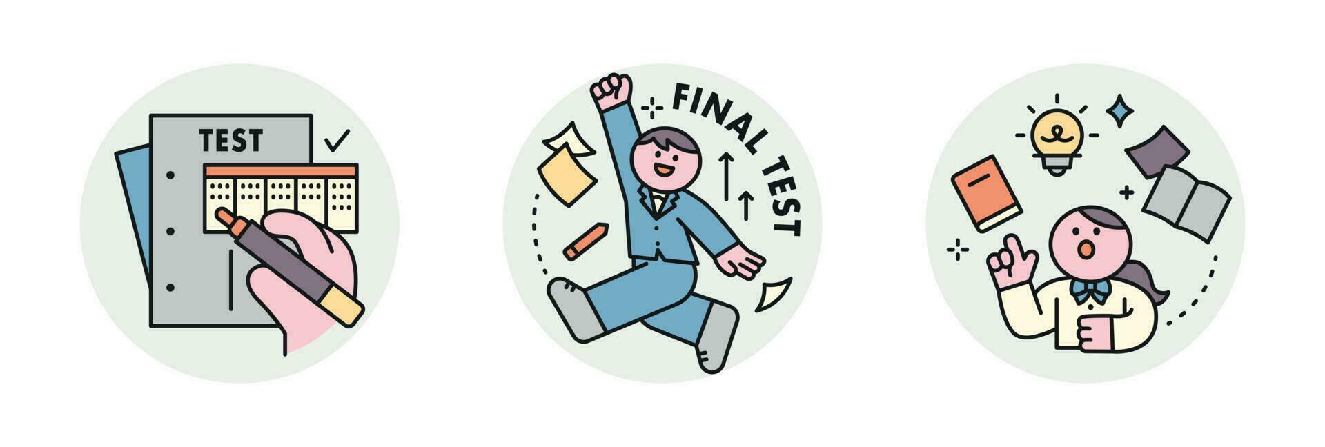 Education. Students studying hard and taking exams. OMR card marking, excited students, knowledgeable students. vector