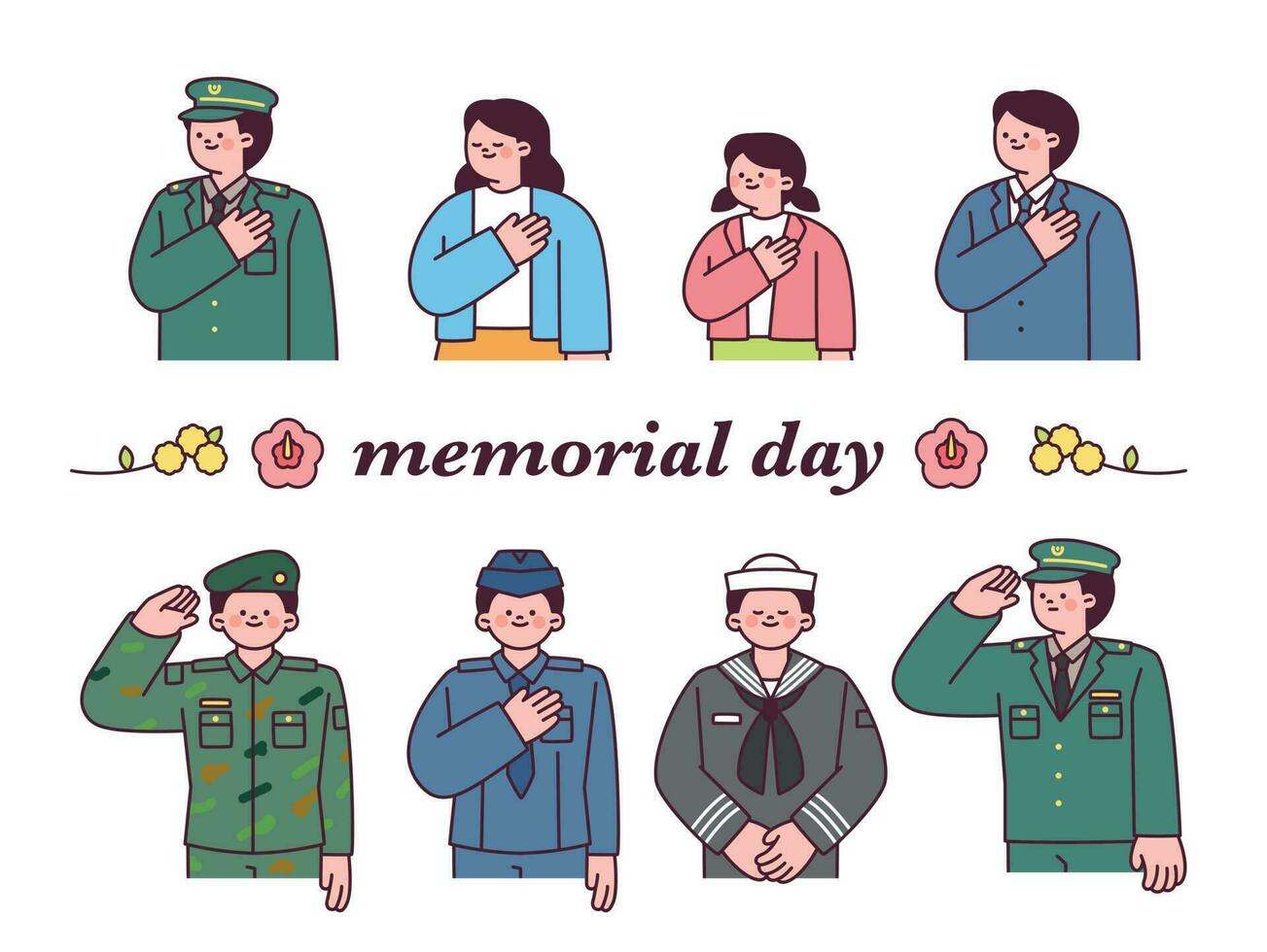 South Korea Memorial day. Soldier characters in military uniforms and mourning people characters. June 6 vector