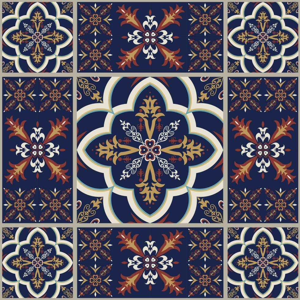 Patchwork tiles floral pattern Arabic style. Ethnic blue color Moroccan, Portuguese tiles seamless pattern. Peranakan tile pattern use for home interior flooring decoration elements. vector