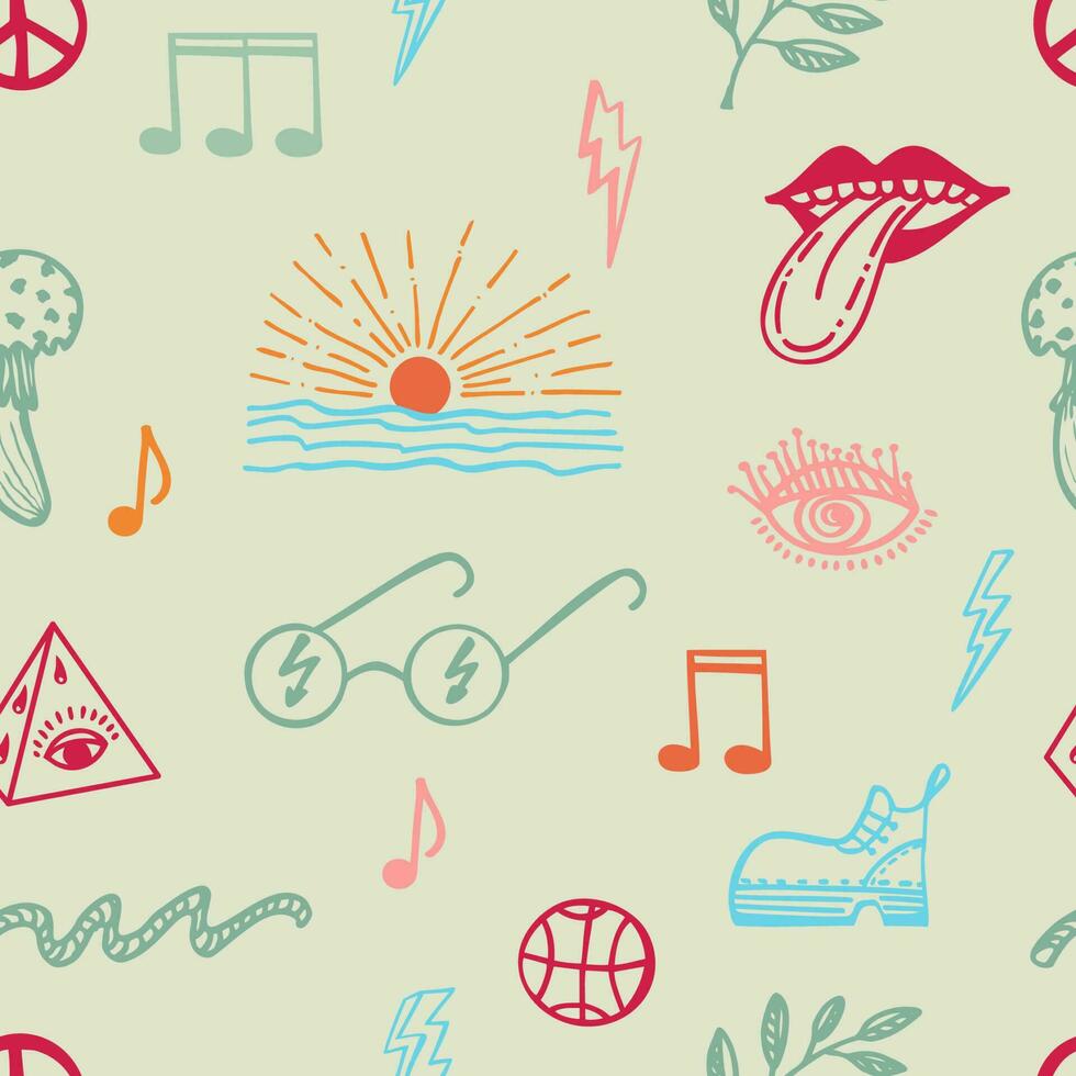 Seamless pattern with groove psychedelic elements. Retro design of hipster icons. Doodle style graphic. Vintage trippy cartoon. Color symbols of 60s 70s 80s 90s trendy vector illustration