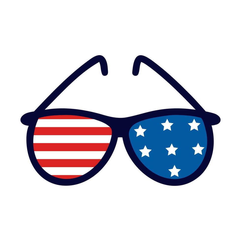 Gafas de sol con americano bandera vector icono. lentes para julio 4to, Estados Unidos independencia día. patriótico símbolo de libertad con estrellas, rayas. vector ilustración aislado en blanco. plano dibujos animados clipart