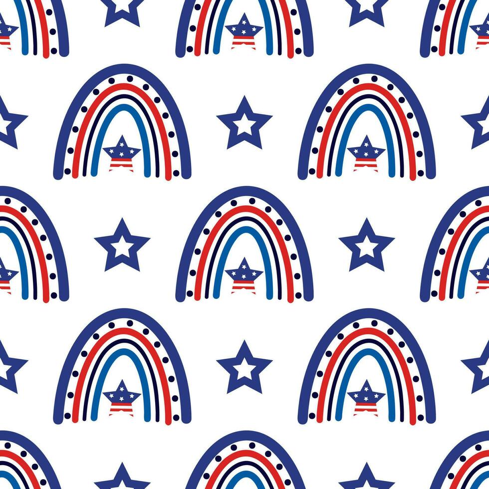 Independence Day of America seamless vector pattern. USA flag rainbow, stars, stripes, polka dots. Liberty symbol, 4th July. Patriotic holiday sign. Flat cartoon background for posters, print, cards