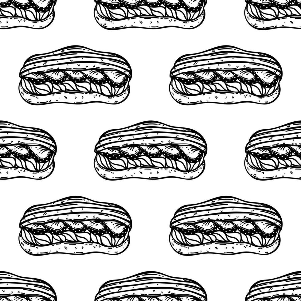 Eclair seamless vector pattern. Sweet french dessert with cream, biscuit, fresh strawberries. Tasty bun for breakfast. Food sketch, line art. Black and white background for menu, wrapping paper, web