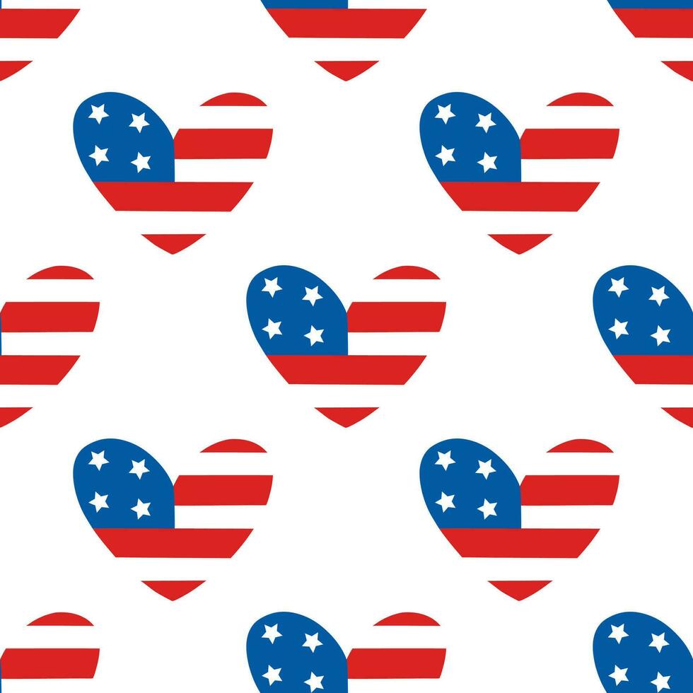 American flag heart seamless vector pattern. USA symbol with stars, stripes. Traditional patriotic sign for July 4th, Independence Day. Liberty holiday. Flat cartoon background for poster, print, card