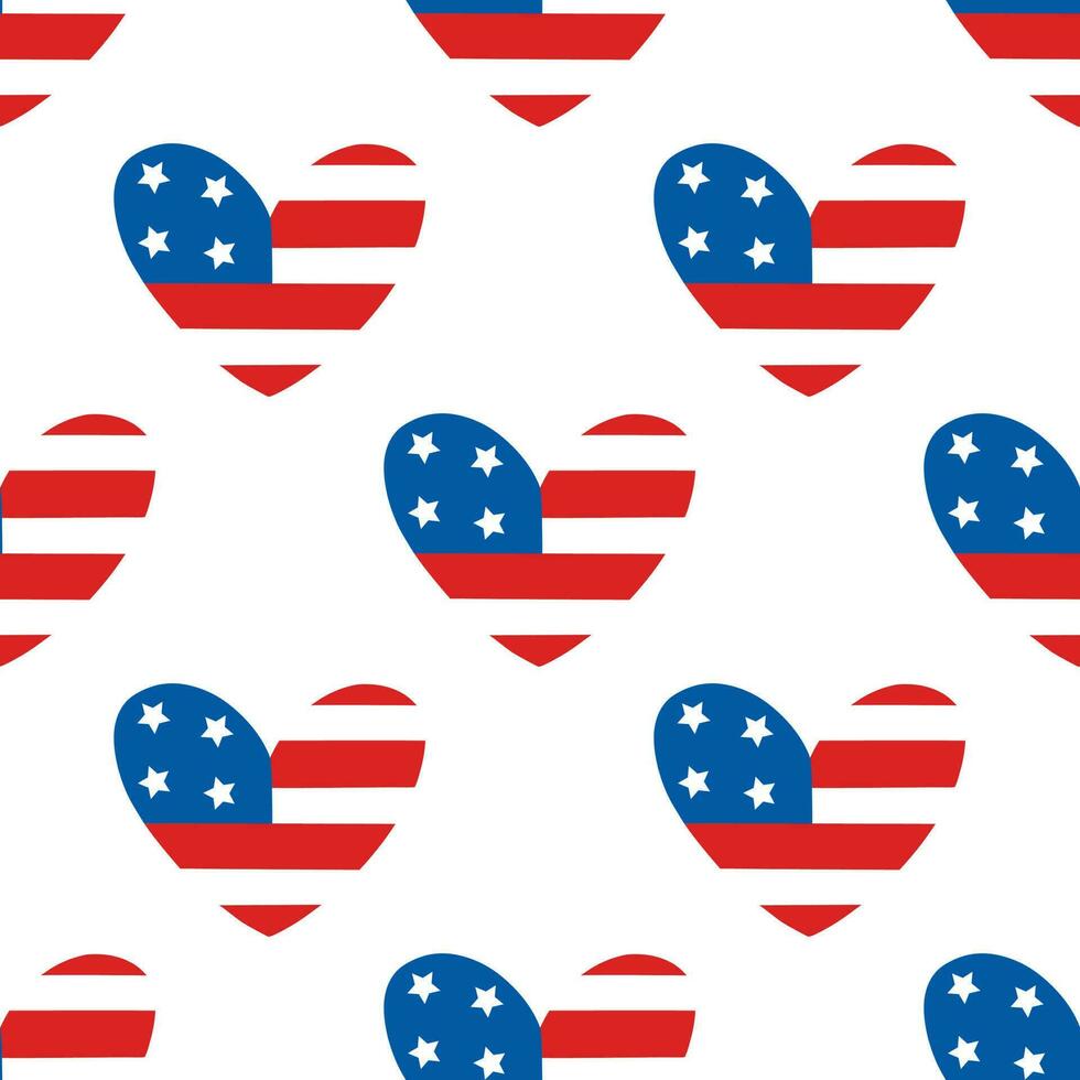 American flag heart seamless vector pattern. USA symbol with stars, stripes. Traditional patriotic sign for July 4th, Independence Day. Liberty holiday. Flat cartoon background for poster, print, card