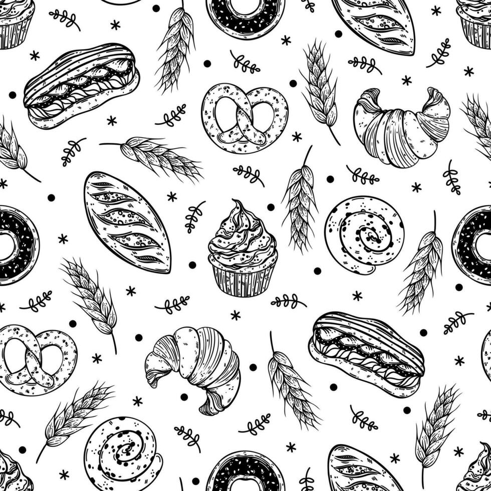 Pastry and spikelets seamless vector pattern. Fresh bread, loaf, cupcake, pretzel. Tasty eclair, bun, donut, croissant. Organic baked goods. Food sketch. Black and white background for packaging, menu