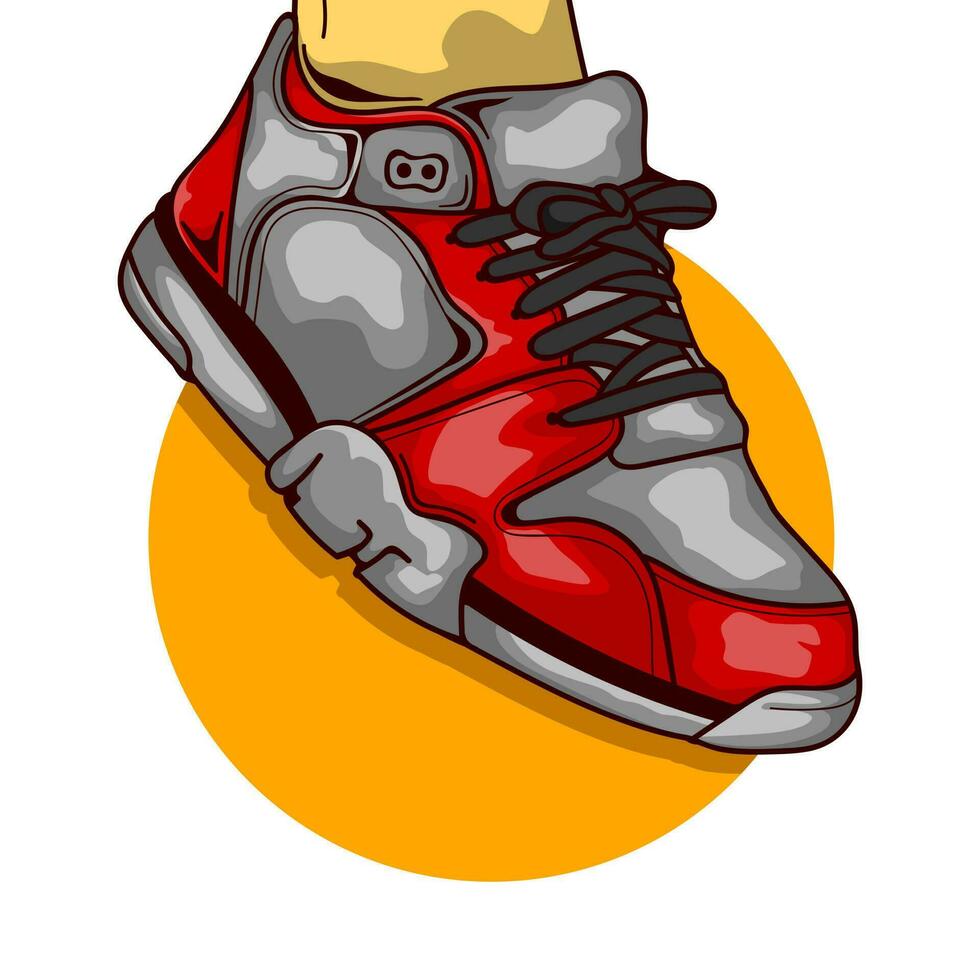 Cartoon Modern Red Grey Sneakers Vector Illustration Isolated On White Background
