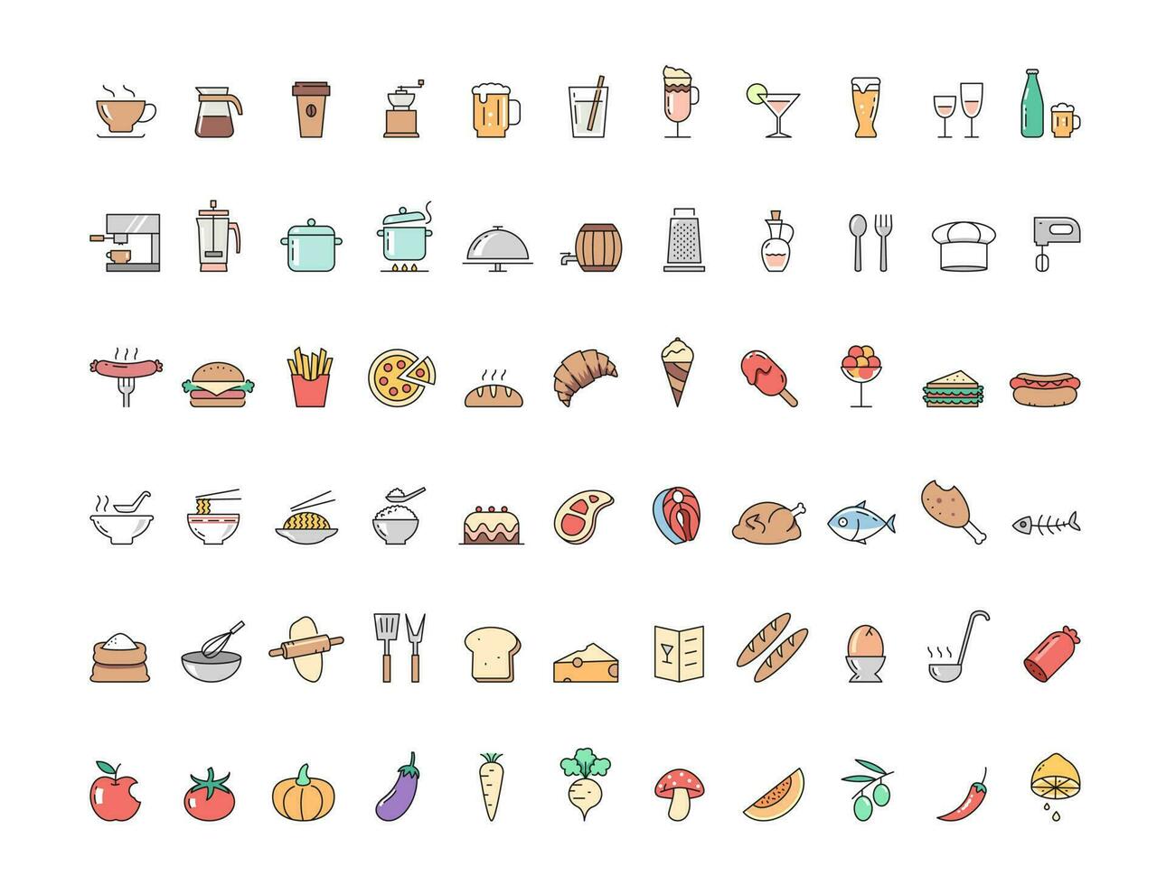 conjunto de comida y bebida iconos, batería de cocina símbolos, negro línea dibujos. vector