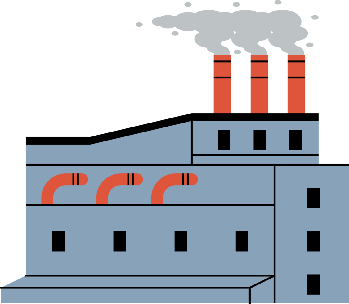 usine industrielle avec trois cheminées fumantes png
