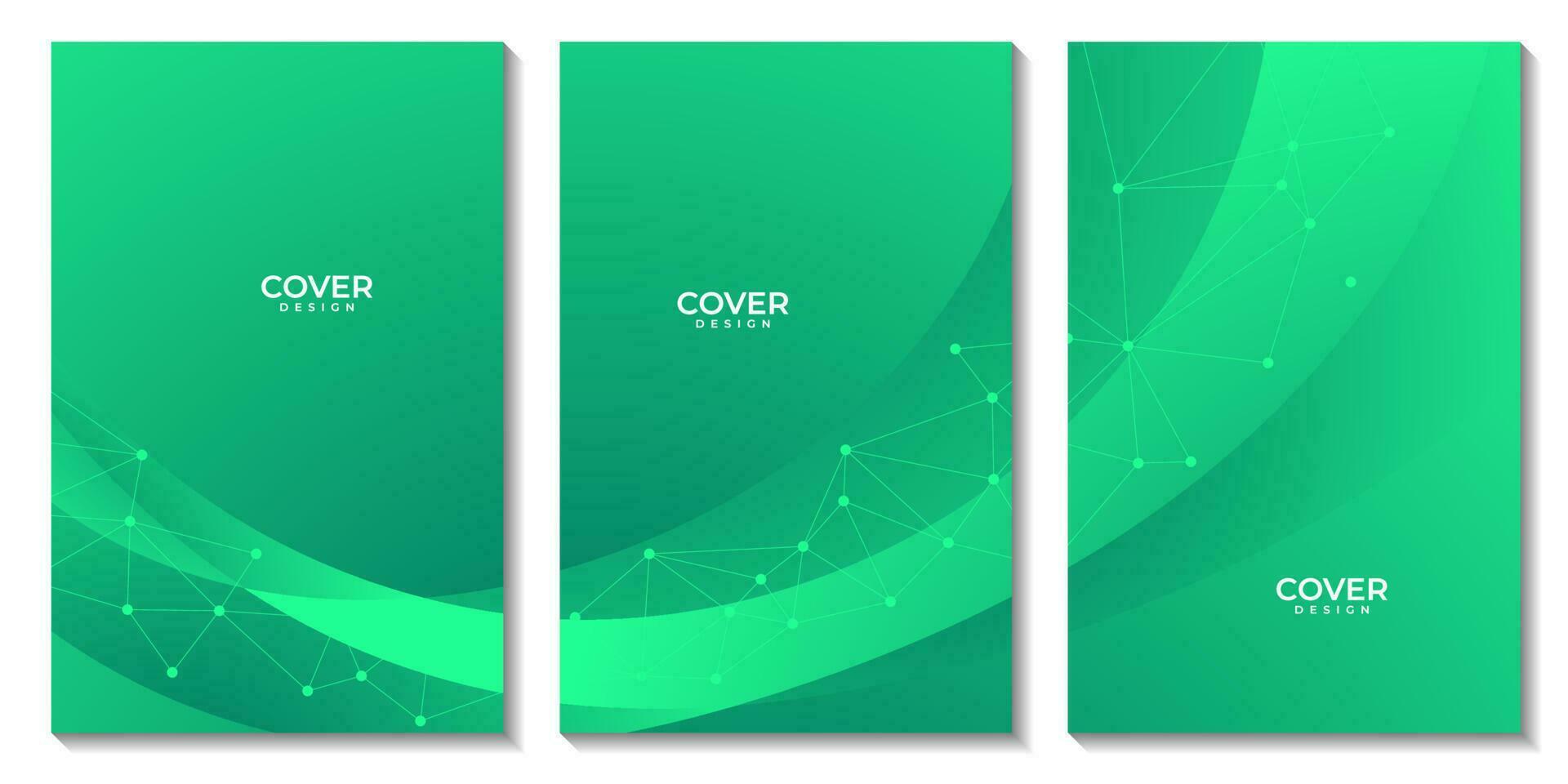 set of flyers with abstract green colorful geometric background with triangle shape pattern and molecular vector