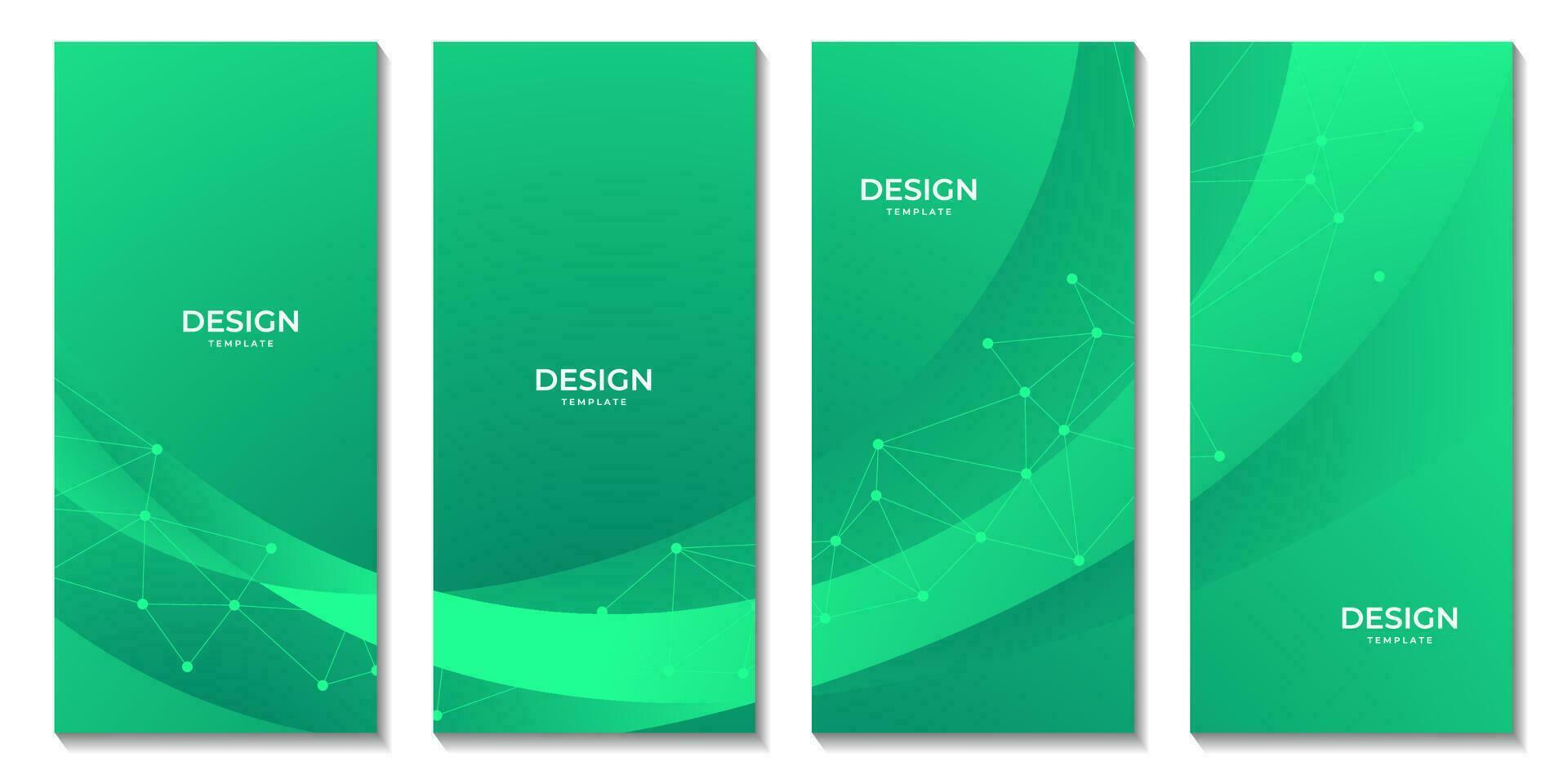 set of brochures with abstract green colorful geometric background with triangle shape pattern and molecular vector