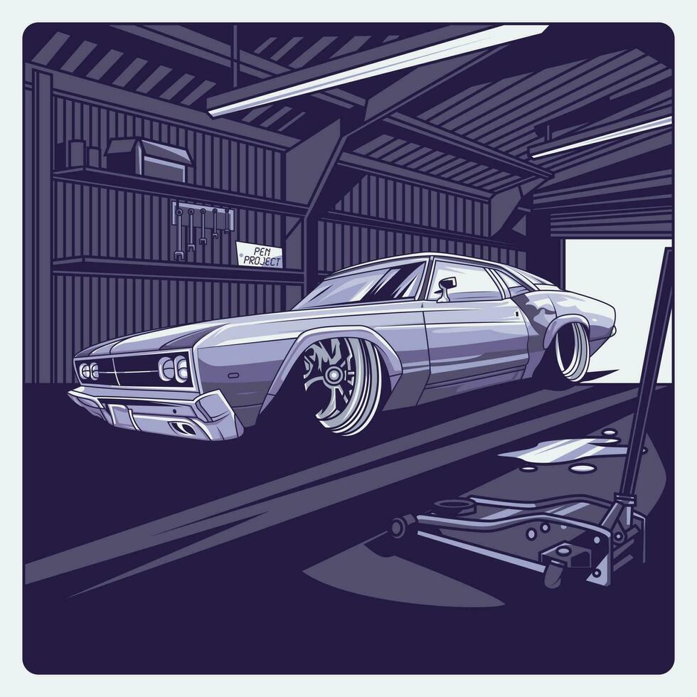 Car garage illustration. Vector graphics for t-shirt prints and other uses.