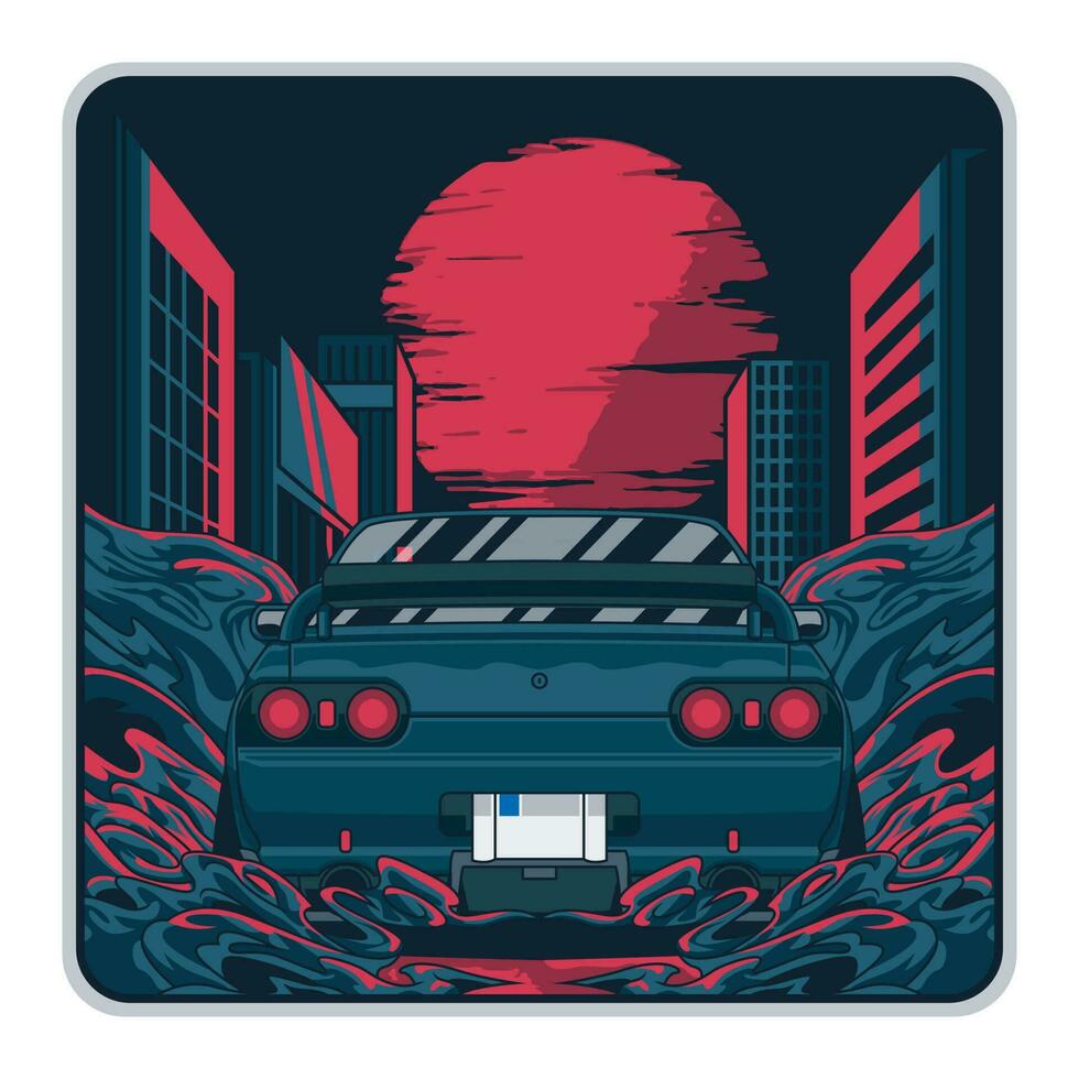 Dark city moon car illustration. Vector graphics for t-shirt prints and other uses.