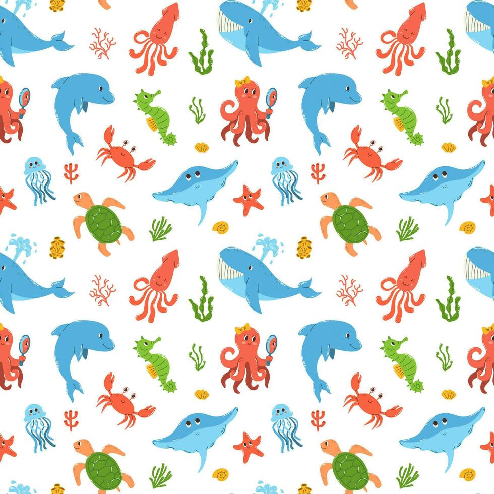 Seamless pattern of colorful hand drawn marine animals and algae, corals underwater world in flat vector style. Print design for children apparel, textile, wallpaper, packaging