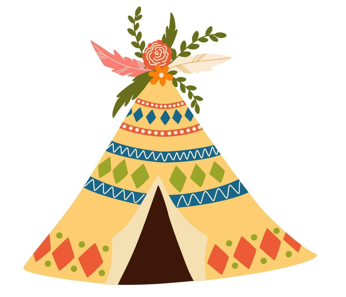 Native American teepee tent. Kids wigwam tent with flowers and feathers. Indian tent Flat cartoon vector illustration isolated on the white background.