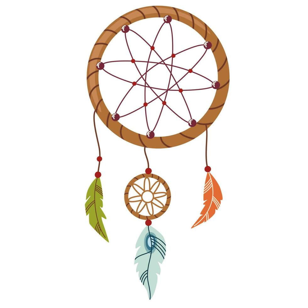 Dreamcatcher. American handmade dreamcatcher, ethnic round talisman with  feathers threads and beads rope hanging. Flat cartoon vector illustration  24091098 Vector Art at Vecteezy