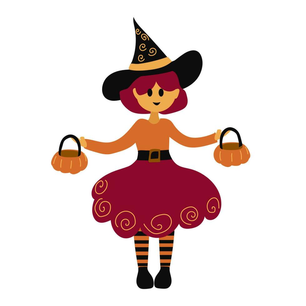 Cute girl in a Halloween witch costume with pumpkins and on white background. Vector illustration. Flat style