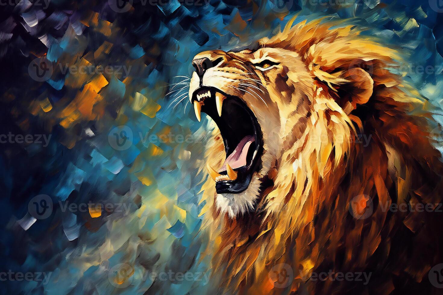 Portrait of a Roaring Lion with a Thick Mane and an Open Mouth. Illustration in Bright Colors with Abstract Brush Strokes for Wall Art and Home Decor. photo