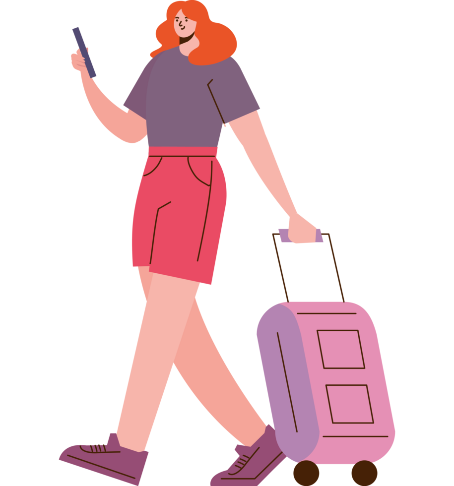 redhead female traveler with suitcase png