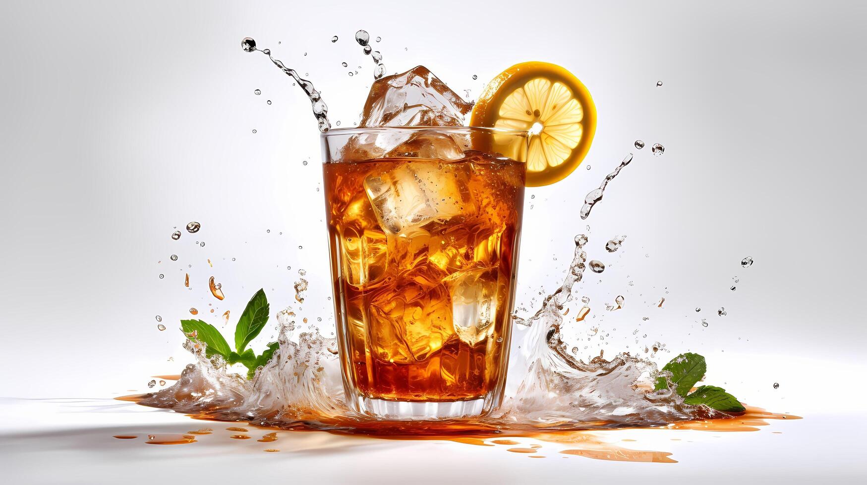 splash of iced tea pours into a glass. Image photo