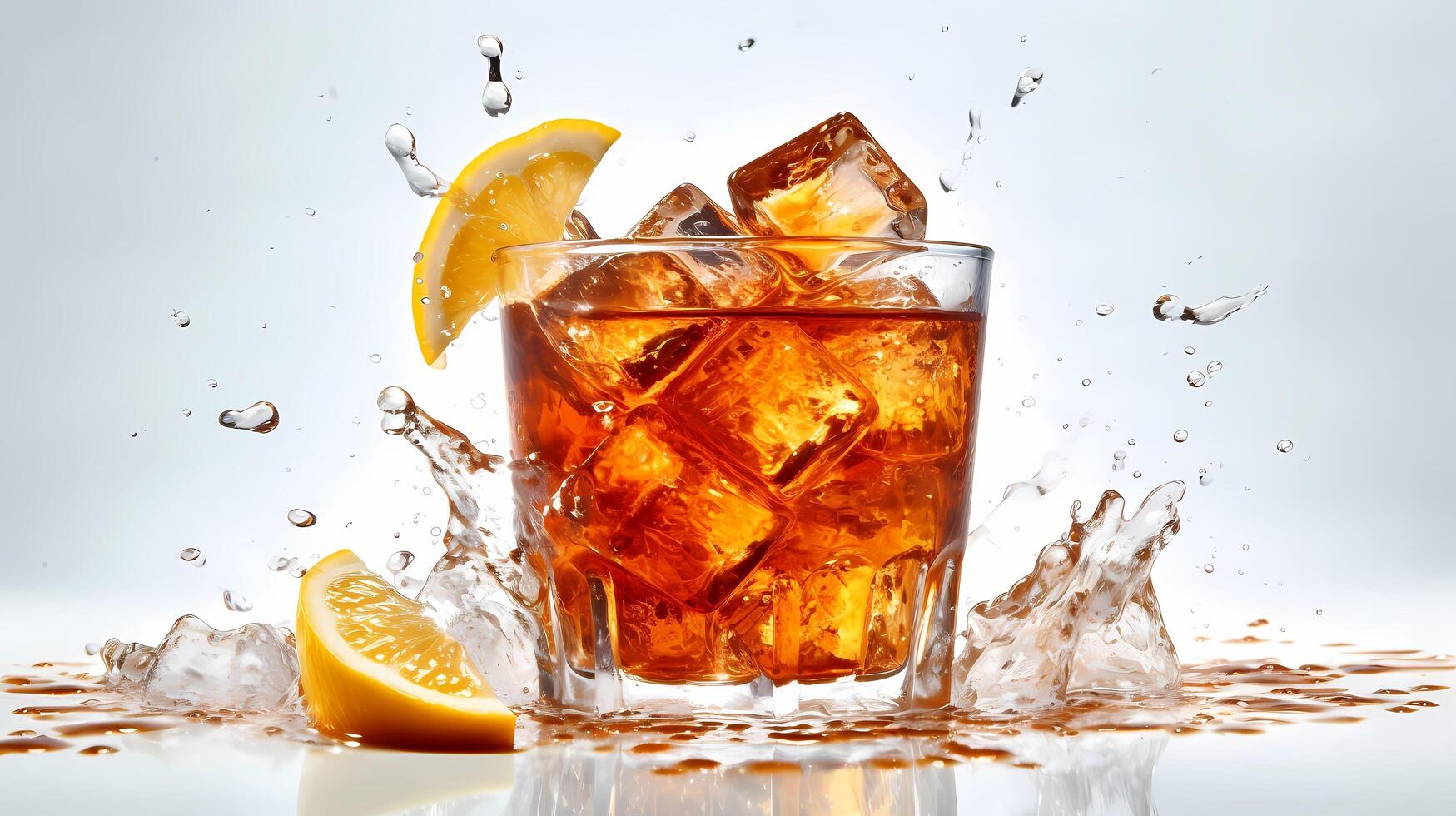 splash of iced tea pours into a glass. Image photo