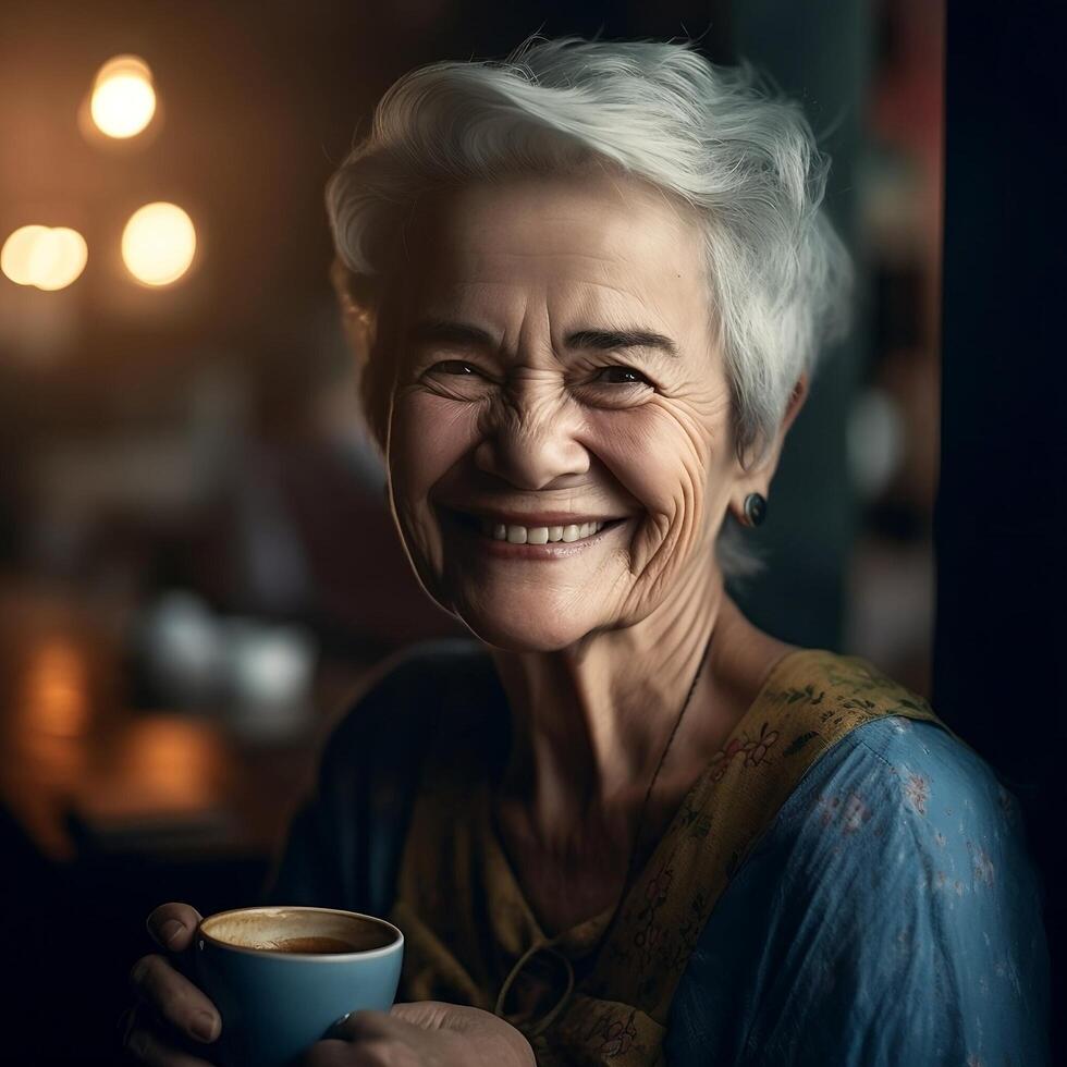 ilustración de un antiguo mujer sonrisas mientras participación un taza de café hecho con generativo ai foto