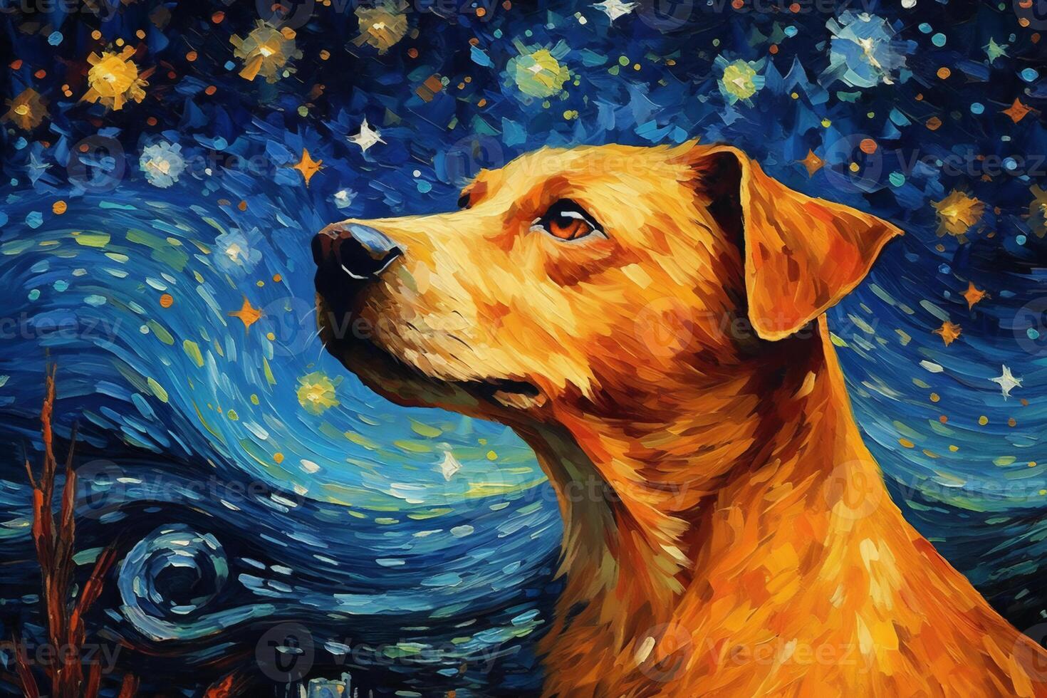 A Ginger Dog Sitting on the Background of the Night Sky and Looking at the Stars. Artistic Illustration in the Style of Van Gogh with Orange and Blue Color Scheme. photo