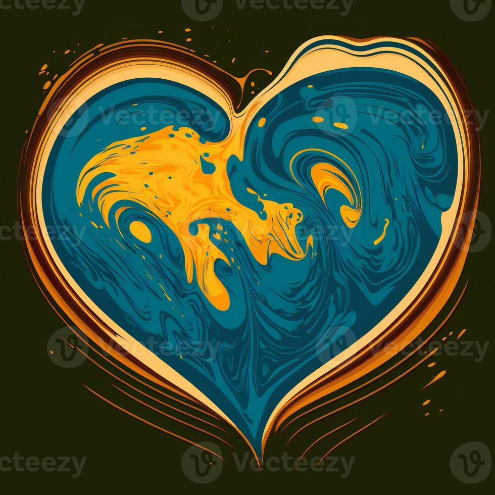 A Painting of an Abstract Heart with a Blue and Yellow Swirly Patterns on a Dark Blue Background. Illustration. photo