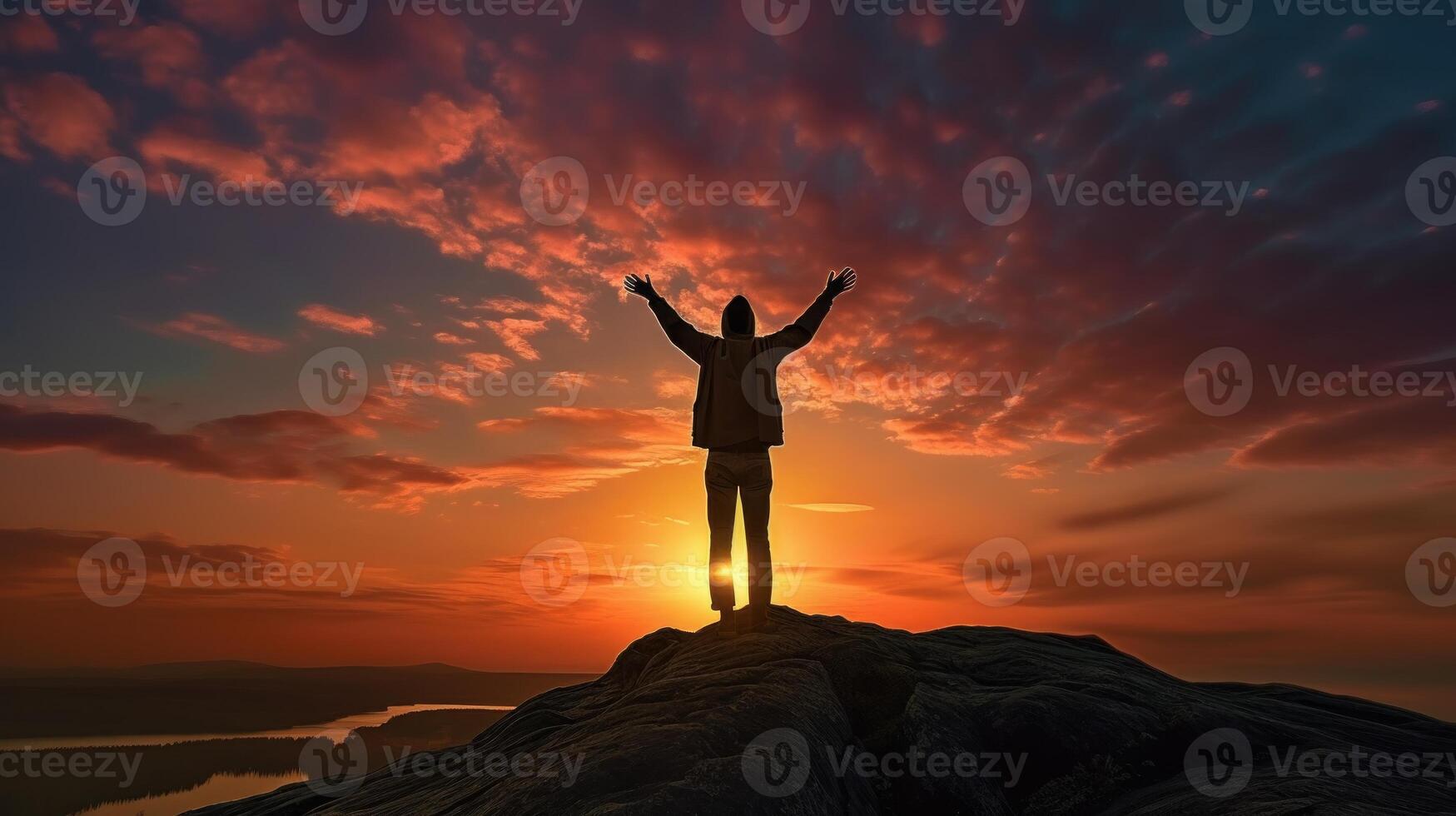 sunset view o person standing in front of sunset photo