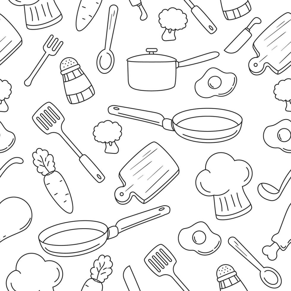 Seamless cooking doodle pattern with a black and white design suitable for background or wallpaper vector