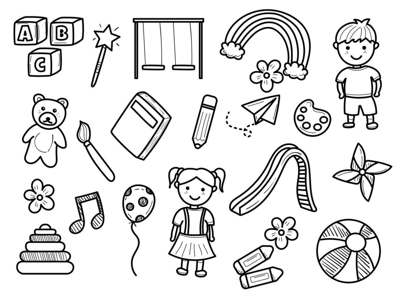 Set of kindergarten doodles illustration isolated on white background. Hand-drawn kindergarten vector elements