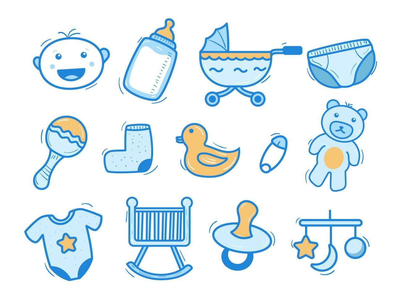 Set of newborn baby doodle elements with blue color isolated on white background vector