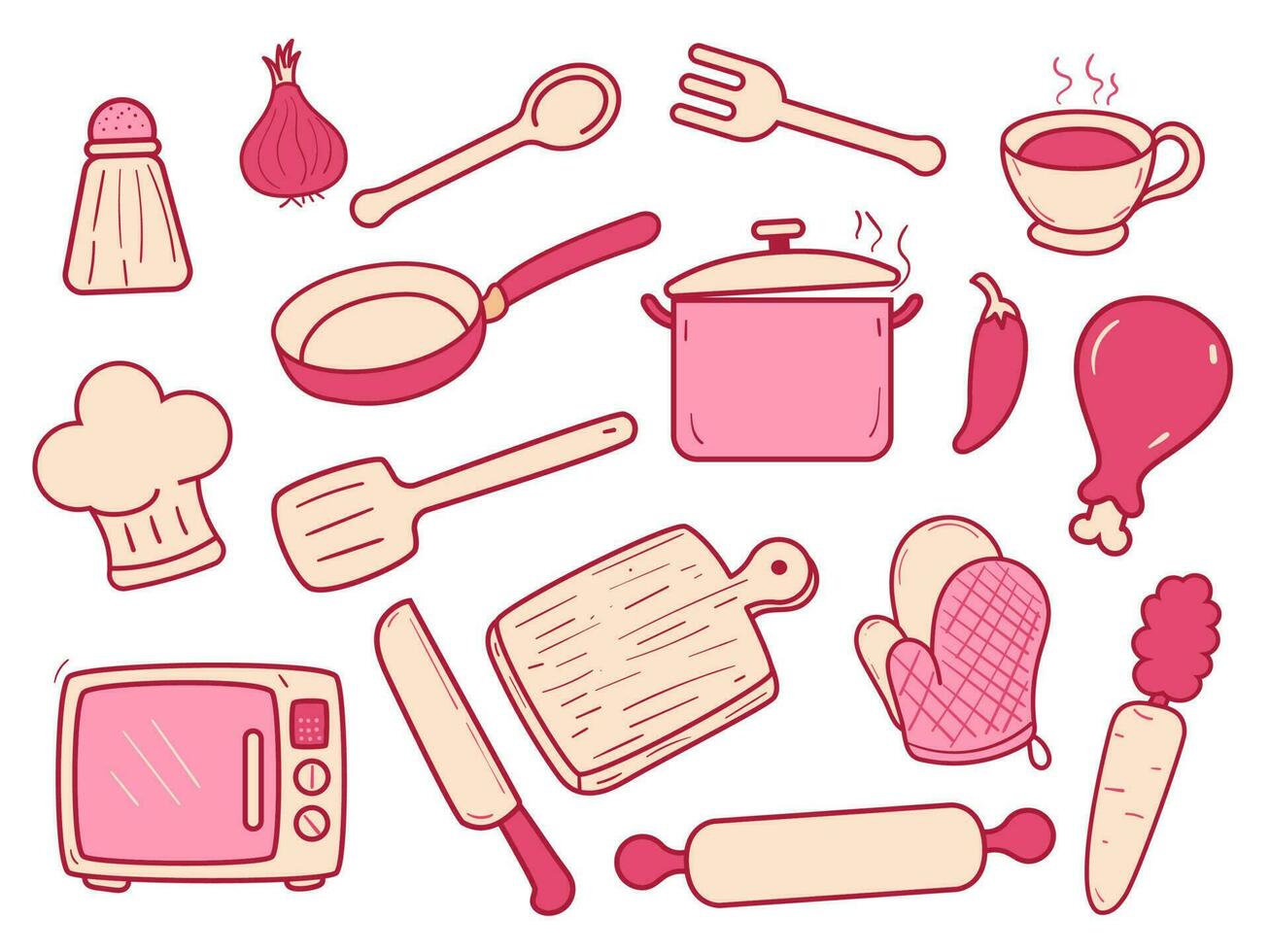 Set of cooking doodle elements vector illustration with cute pink design isolated on white background